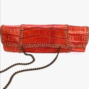 Carlos Falchi Orange Crocodile Clutch with Chain